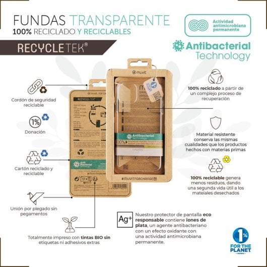 Muvit For Change Funda Recycletek Transparente Antibacterias para Apple iPhone 14 Plus