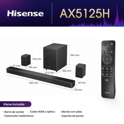 Hisense AX5125H Barre de son 5.1.2 500 W Dolby Atmos avec caisson de basses sans fil Noir