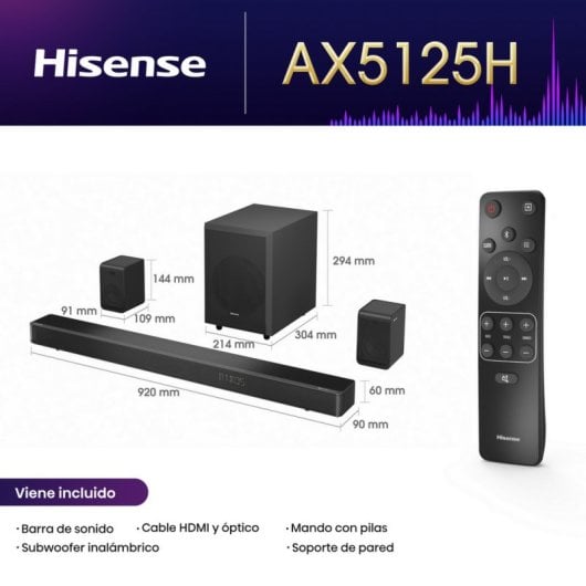 Hisense AX5125H Soundbar 5.1.2 500W Dolby Atmos con subwoofer wireless Nero