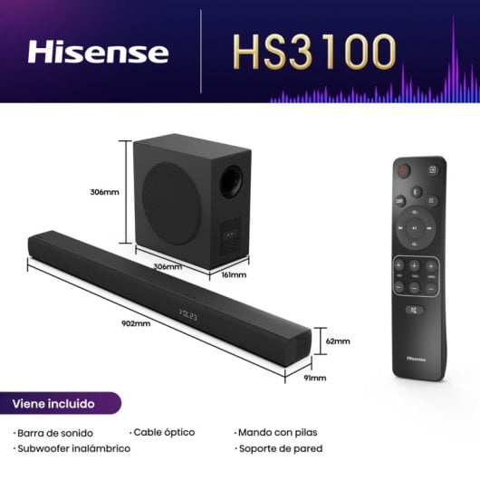 Hisense HS3100 Barra de Sonido 3.1 con Dolby Audio y DTS Virtual:X Bluetooth 5.3 HDMI 480W