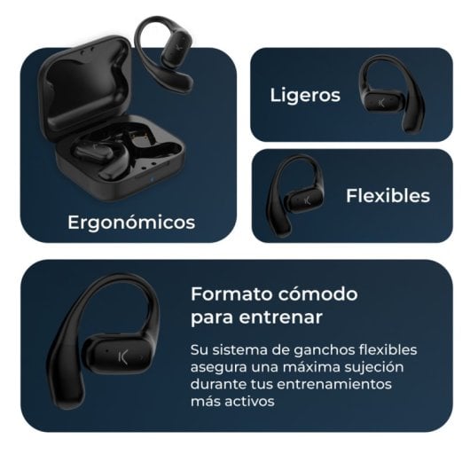 Ksix Cosmos Auriculares Inalámbricos, Open Ear, Autonomía 6+18h, Control Táctil, Llamadas, Negro