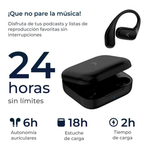 Ksix Cosmos Auriculares Inalámbricos, Open Ear, Autonomía 6+18h, Control Táctil, Llamadas, Negro