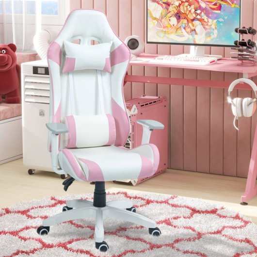 Homcom Silla Gaming Reclinable Giratoria Con Cojín Lumbar 67x60x120-128 Cm Rosa