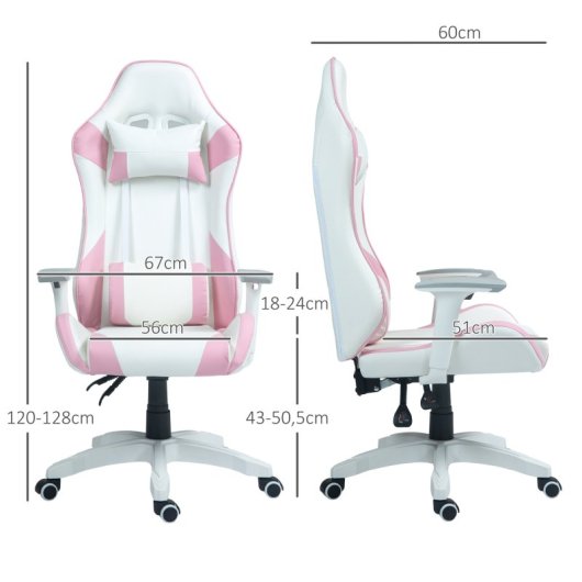 Homcom Silla Gaming Reclinable Giratoria Con Cojín Lumbar 67x60x120-128 Cm Rosa