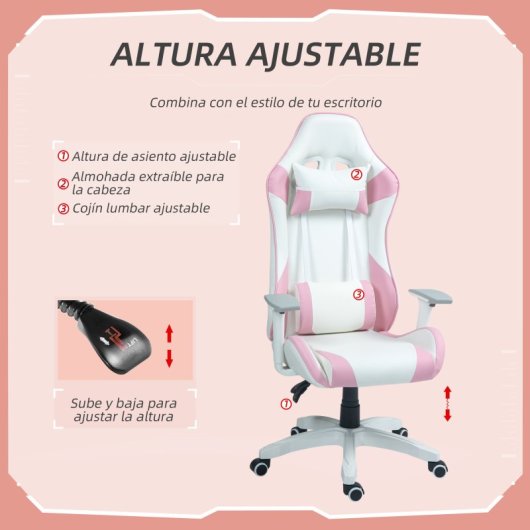 Homcom Silla Gaming Reclinable Giratoria Con Cojín Lumbar 67x60x120-128 Cm Rosa