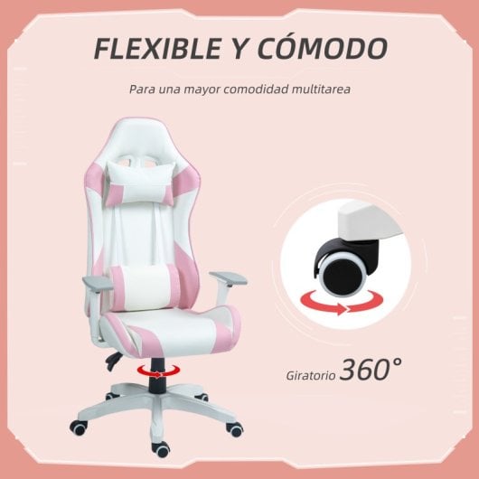 Homcom Silla Gaming Reclinable Giratoria Con Cojín Lumbar 67x60x120-128 Cm Rosa