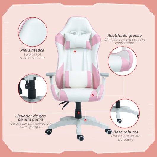 Homcom Silla Gaming Reclinable Giratoria Con Cojín Lumbar 67x60x120-128 Cm Rosa