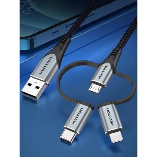 Vention CQJHF Cable USB Macho a USB-C Macho / MicroUSB Macho / Lightning Macho 1m Gris