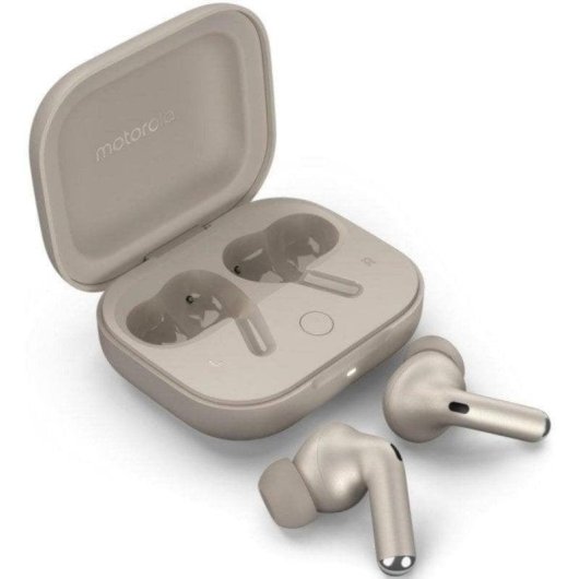 Auriculaires Motorola Buds Plus sans fil Bluetooth avec Réduction de Bruit, Sound by Bose, Dolby Atmos, charge sans fil, couleur sable