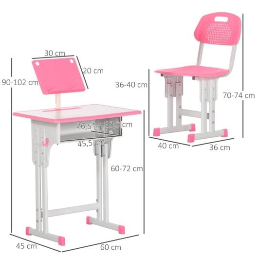 Homcom Juego De Escritorio Y Silla Para Niños Ajustable 60x45x90-102 Cm Rosa