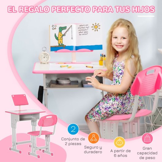 Homcom Juego De Escritorio Y Silla Para Niños Ajustable 60x45x90-102 Cm Rosa