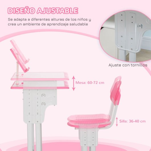 Homcom Juego De Escritorio Y Silla Para Niños Ajustable 60x45x90-102 Cm Rosa