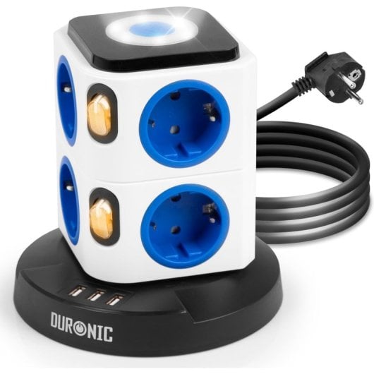 Duronic ET8L Regleta de Enchufe Múltiple 3 Puertos USB y Luz Nocturna 3680W 16A Cable de 1.8m
