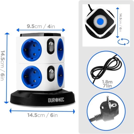 Duronic ET8L Regleta de Enchufe Múltiple 3 Puertos USB y Luz Nocturna 3680W 16A Cable de 1.8m