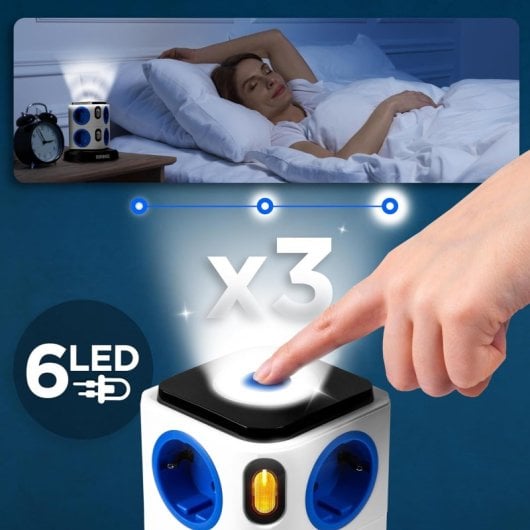 Duronic ET8L Regleta de Enchufe Múltiple 3 Puertos USB y Luz Nocturna 3680W 16A Cable de 1.8m