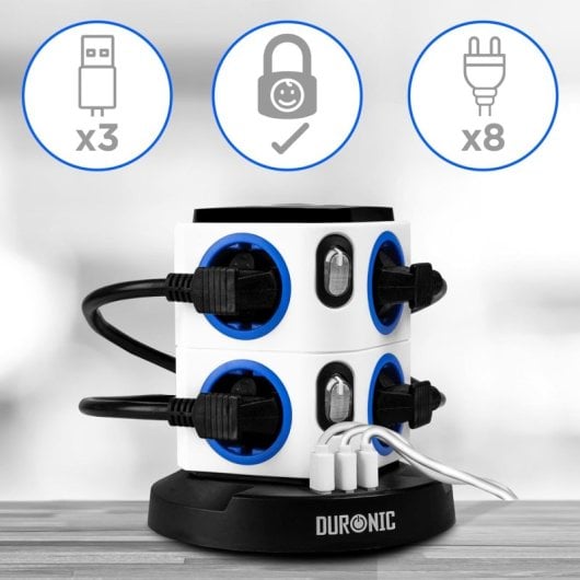 Duronic ET8L Regleta de Enchufe Múltiple 3 Puertos USB y Luz Nocturna 3680W 16A Cable de 1.8m
