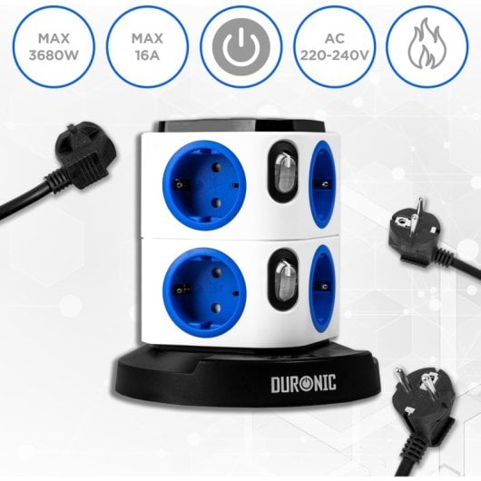 Duronic ET8L Regleta de Enchufe Múltiple 3 Puertos USB y Luz Nocturna 3680W 16A Cable de 1.8m