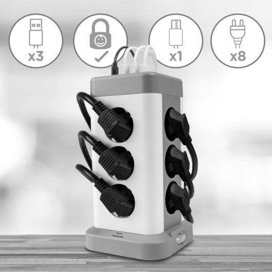 Duronic ET12C Regleta Enchufes Múltiple 3 Puertos USB A y 1 Puerto USB C 12 Tomas 3680W 16A 1.8 M