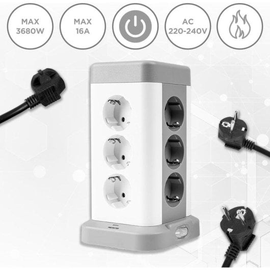 Duronic ET12C Regleta Enchufes Múltiple 3 Puertos USB A y 1 Puerto USB C 12 Tomas 3680W 16A 1.8 M