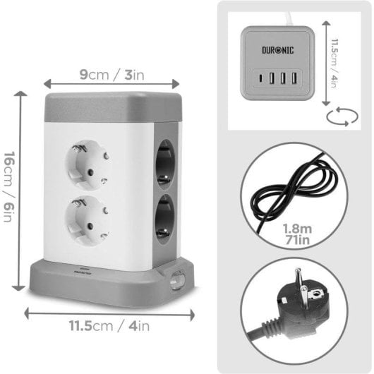 Duronic ET8C Regleta Enchufes Múltiple3 Puertos Usb A y 1 Puerto USB C 8 Tomas 3680W 16A 1.8 M