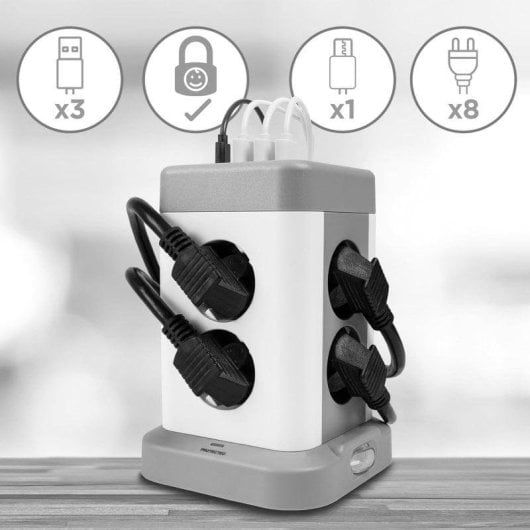 Duronic ET8C Regleta Enchufes Múltiple3 Puertos Usb A y 1 Puerto USB C 8 Tomas 3680W 16A 1.8 M