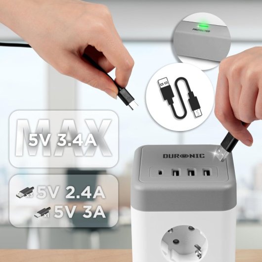 Duronic ET8C Regleta Enchufes Múltiple3 Puertos Usb A y 1 Puerto USB C 8 Tomas 3680W 16A 1.8 M