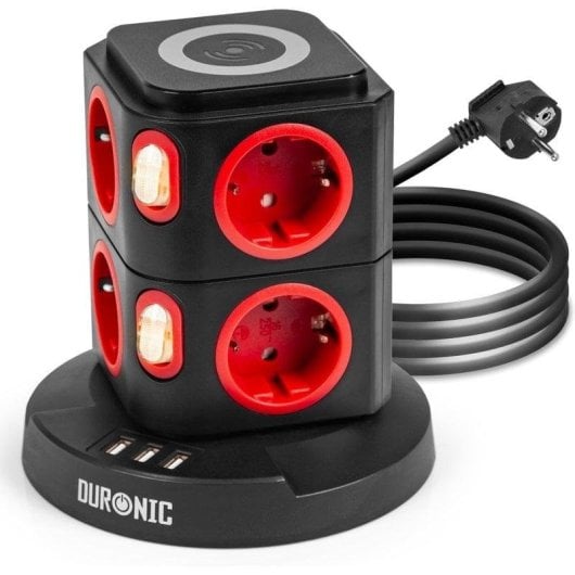 Duronic ET8W Regleta de Enchufes Múltiple 3 Puertos USB Carga Inalámbrica 3680W 16A Cable 1.8 M