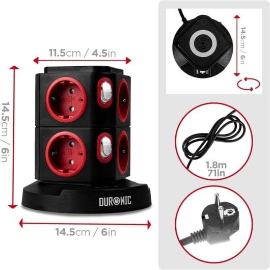 Duronic ET8W Regleta de Enchufes Múltiple 3 Puertos USB Carga Inalámbrica 3680W 16A Cable 1.8 M