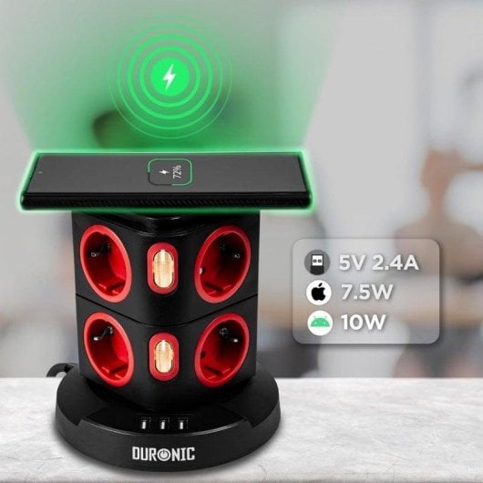 Duronic ET8W Regleta de Enchufes Múltiple 3 Puertos USB Carga Inalámbrica 3680W 16A Cable 1.8 M