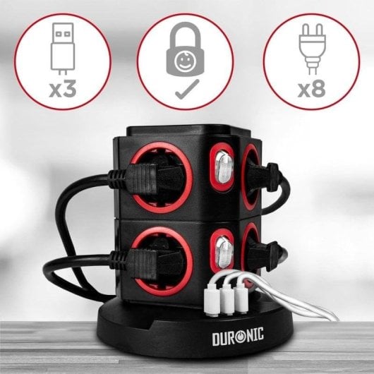 Duronic ET8W Regleta de Enchufes Múltiple 3 Puertos USB Carga Inalámbrica 3680W 16A Cable 1.8 M
