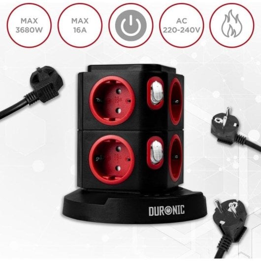 Duronic ET8W Regleta de Enchufes Múltiple 3 Puertos USB Carga Inalámbrica 3680W 16A Cable 1.8 M