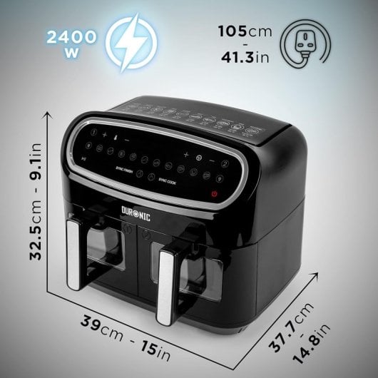 Duronic AF34 Freidora de Aire Sin Aceite 2400W 2 Cestas de 5L + 1 Cesta 10L 10 Programas