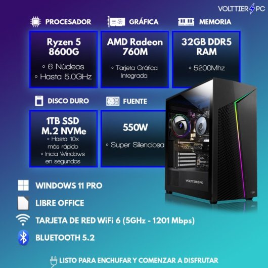 VolttierPC PC Gaming Completo AMD Ryzen 5 8600G/32GB/1TB SSD + Monitor 24" + Pack