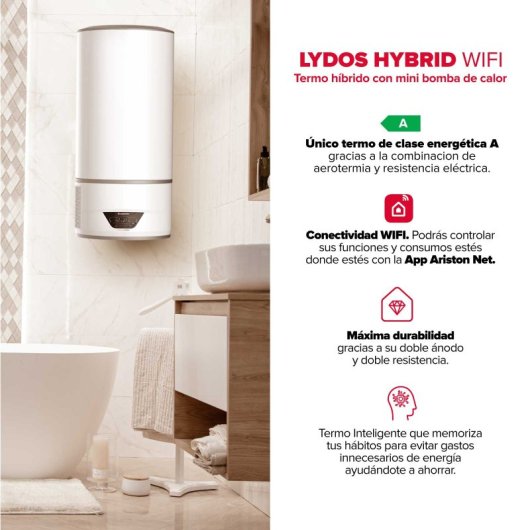 Ariston Lydos Hybrid WiFi Termo Eléctrico 100L A +Depósito de Condensados +Soporte de Pared Instafix