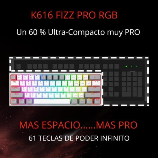 Redragon K616 Fizz Pro Teclado Gaming Mecânico Sem Fios RGB Switch RED Branco/Cinzento Inglês