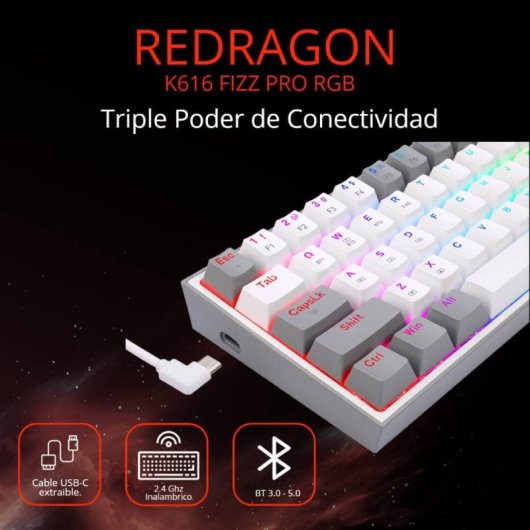 Redragon K616 Fizz Pro Teclado Gaming Mecânico Sem Fios RGB Switch RED Branco/Cinzento Inglês