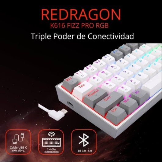 Tastiera da gioco meccanica wireless Redragon K616 Fizz Pro Switch RGB Tastiera latina ES rossa bianca/grigia