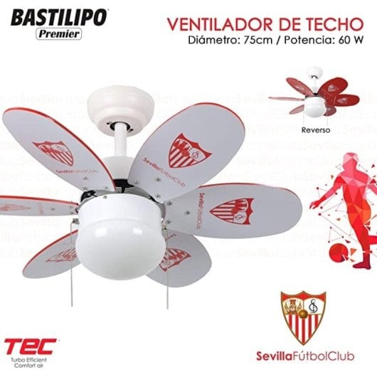 Bastilipo - Ventilador De Techo Con Palas Reversibles Oficial Del Sevilla Fútbol Club, Sevilla Fc, 60w, 75cm