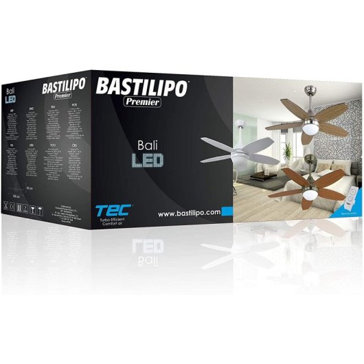 Bastilipo - Ventilateur de Plafond Led avec Télécommande et Pales Réversibles, 107cm, 60w, Bali Nickel 3 Led
