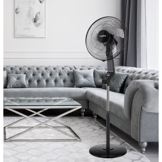 Bastilipo - Ventilatore da terra con telecomando, 50w, base rotonda, gamma Premium, modello Coin Black