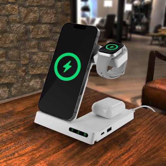 Muvit For Change Base Cargadora Inalambrica 6 En 1 Plegable Smartwatch+iwatch+airpods + Dos Puertos Usb A + C Blanca