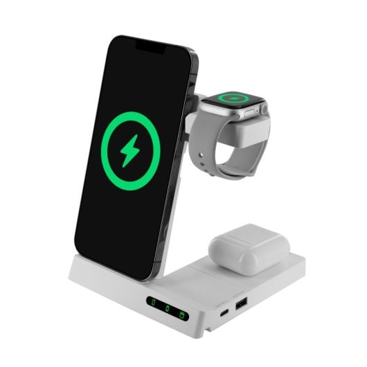 Muvit For Change Base Cargadora Inalambrica 6 En 1 Plegable Smartwatch+iwatch+airpods + Dos Puertos Usb A + C Blanca