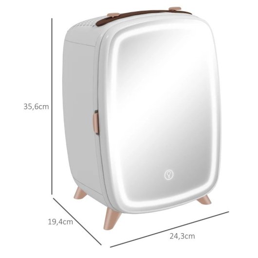 Homcom Nevera para Cosméticos Pequeña 6L Puerta con Espejo y Luces LED Blanca