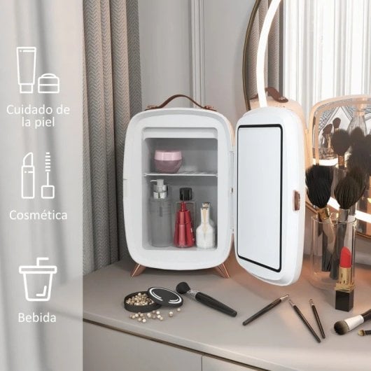 Homcom Nevera para Cosméticos Pequeña 6L Puerta con Espejo y Luces LED Blanca