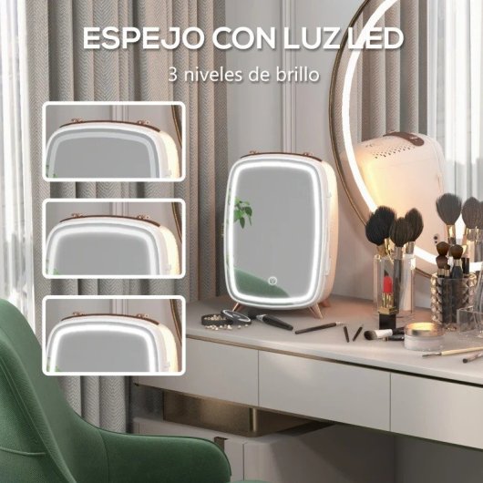 Homcom Nevera para Cosméticos Pequeña 6L Puerta con Espejo y Luces LED Blanca