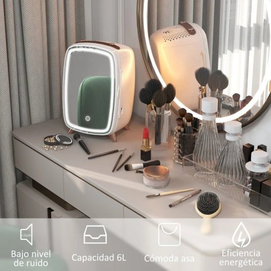 Homcom Nevera para Cosméticos Pequeña 6L Puerta con Espejo y Luces LED Blanca