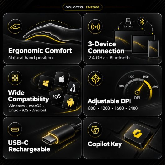 Combo tastiera e mouse ergonomici wireless Owlotech EMK500 neri