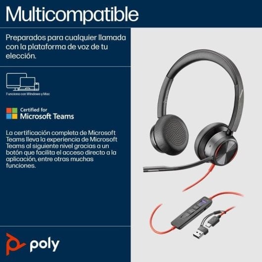 Casque Poly Blackwire 8225 USB-C avec ANC, Microphone Acoustic Fence, Microsoft Teams Noir