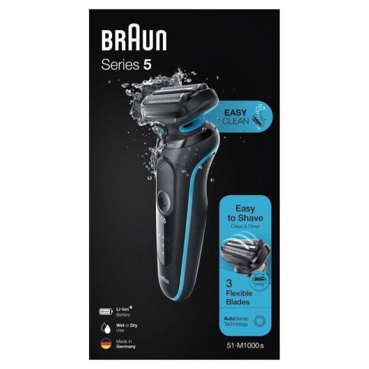 Máquina de Barbear Facial Braun 51-M1000s Series 5 Recarregável 50min Seco e Molhado 3 Lâminas Carga Rápida