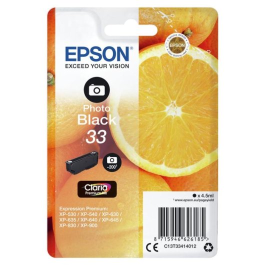 Cartucho de Tinta Original Epson Oranges 33 Claria Premium Negro Foto